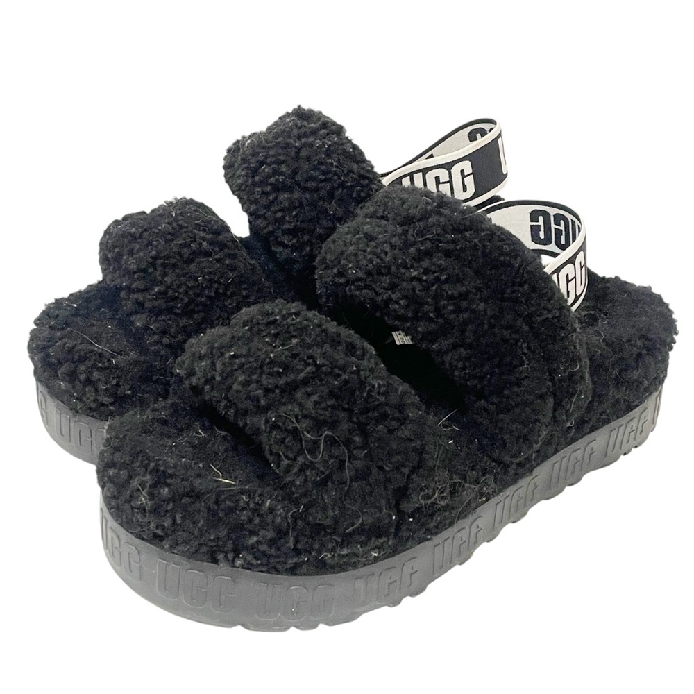 UGG OH FLUFFITA Lambskin Size 8 Platform Sling-back Sandal/Slipper 1120876 Black